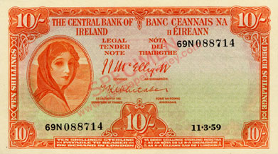Central Bank of Ireland 10 Shillings 1957. Mc Elligott, Whitake