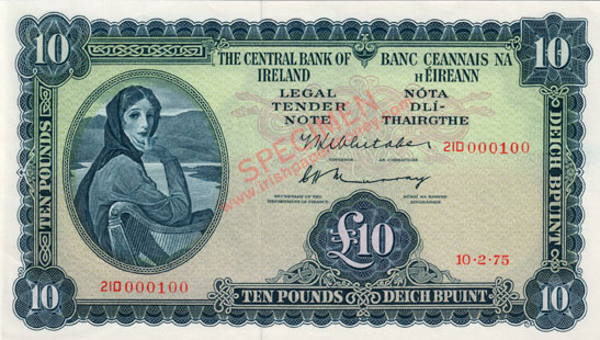 Central Bank of Ireland 10 Pounds 1975. Whitaker, Murray