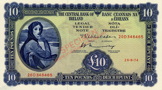Central Bank of Ireland 10 Pounds 1974 sans-serif