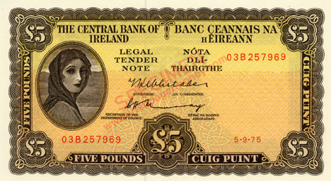 Central Bank of Ireland Five Pounds 1975. Whitaker, Murray