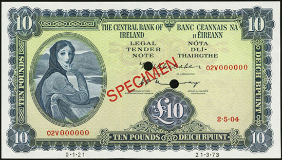 Central Bank of Ireland Ten Pounds Specimen 1971