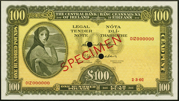 Central Bank of Ireland 100 Pounds Specimen 1973