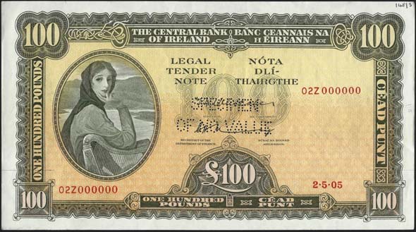 Central Bank of Ireland One hundred Pounds Specimen 1970