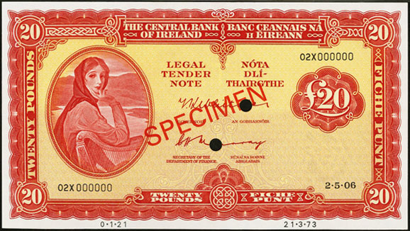Central Bank of Ireland 20 Pounds Specimen 1970