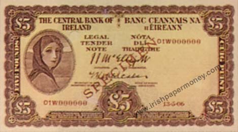 Central Bank of Ireland Five Pounds Specimen 1957