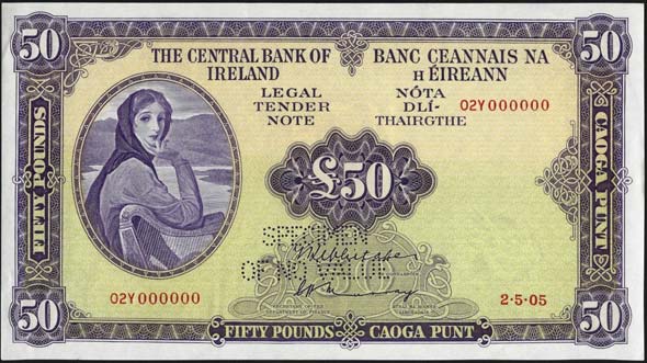 Central Bank of Ireland Fifty Pounds Specimen 1970 Whitaker, Murray