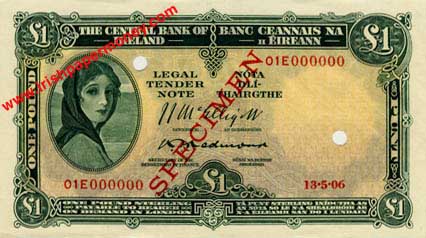 Central Bank of Ireland One Pound Specimen 1954