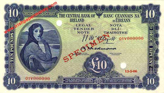 Central Bank of Ireland Ten Pounds Specimen 1954
