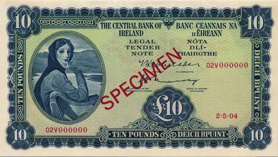 Central Bank of Ireland Ten Pounds Specimen 1969