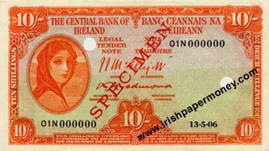 Central Bank of Ireland Ten Shillings Specimen 1954