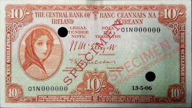 Central Bank of Ireland Ten Shillings Specimen 1957