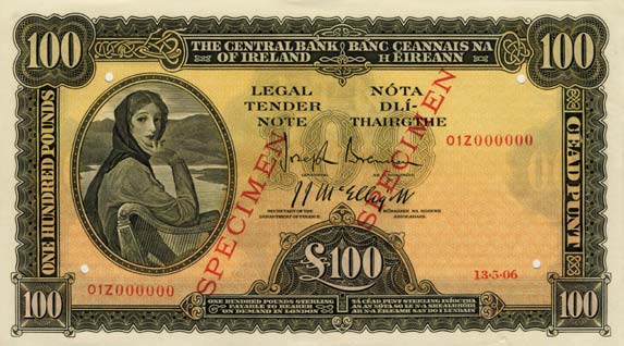 Central Bank of Ireland 100 Pounds Specimen 1943