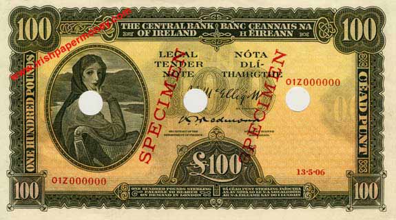 Central Bank of Ireland 100 Pounds Specimen 1954