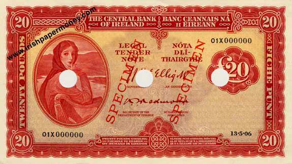 Central Bank of Ireland 20 Pounds Specimen 1954