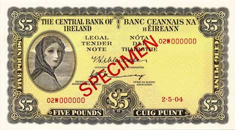 Central Bank of Ireland Five Pounds Specimen 1969
