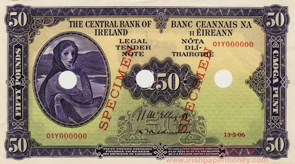 Central Bank of Ireland Fifty Pounds Specimen 1954