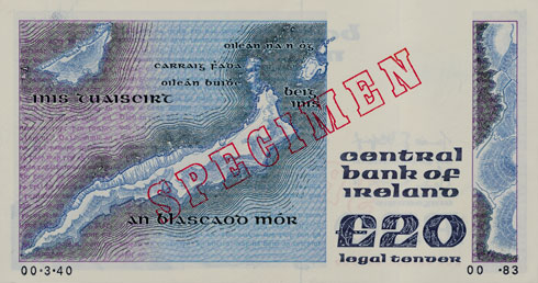 Central Bank of Ireland 20 Pounds Specimen 1983 reverse