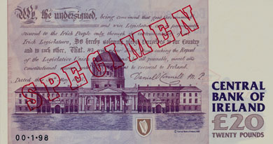 Central Bank of Ireland 20 Pounds Specimen 1992