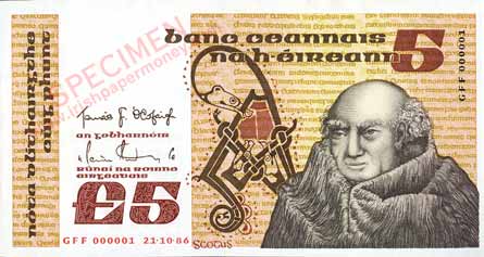 Central Bank of Ireland 5 Pounds 1986 Scotus