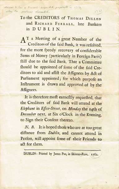 Notice 'to the creditors of Thomas Dillon and Richard Ferrall, late bankers in Dublin