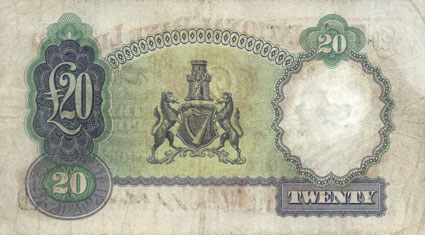 Northern Ireland National Bank Twenty Pounds 1949 reverse