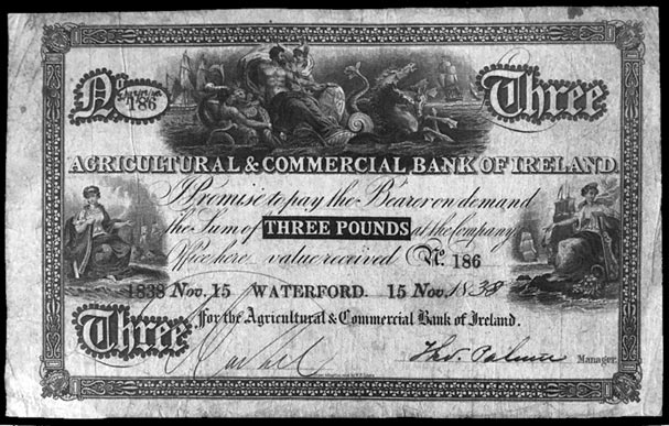 Agricultural and Commercial Bank of Ireland, £3 Pounds 15 Nov 1838 Waterford