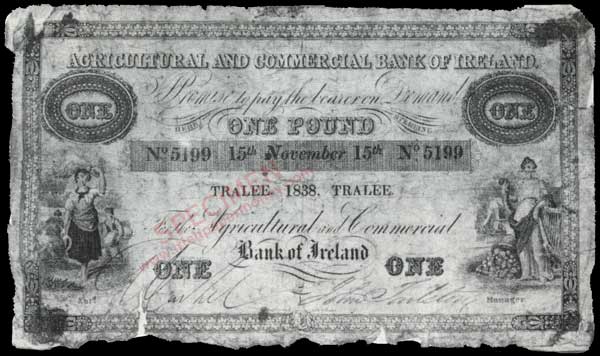 Agricultural and Commercial Bank of Ireland, £1 Pound 15 November 1838 Tralee