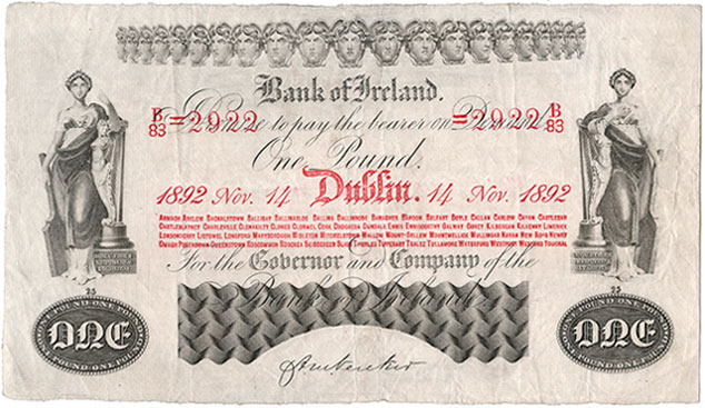 Bank of Ireland One Pound 1892. Verecker signature