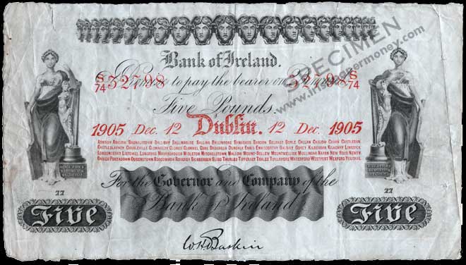 Bank of Ireland 5 Pounds 1905. Baskin signature