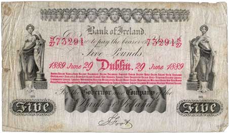 Bank of Ireland 5 Pounds 1890 Foot signature