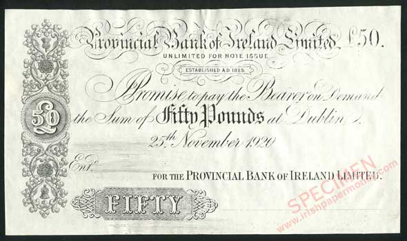 Provincial Bank of Ireland Fifty Pounds 25th November 1920