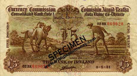 Bank of Ireland Five Pounds Consolidated Bank Note 1931