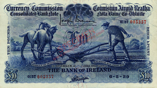 Bank of Ireland Ploughman Ten Pounds 1929