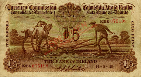 Bank of Ireland 5 Pounds Ploughman 1939