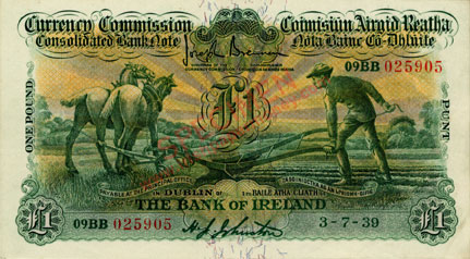 Bank of Ireland One Pound 10 Pounds Ploughman 1939