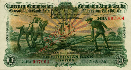 Hibernian Bank One Pound Ploughman 1939 Hodges