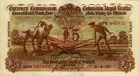 Provincial Bank of Ireland Ploughman 5 Pounds 1939. Kennedy