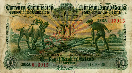 Royal Bank of Ireland One Pound One Pound Ploughman, 1939, signed Wilson