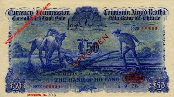 Consolidated Bank Note. Fifty Pounds. De La Rue specimen