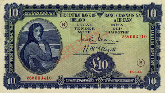 Central Bank of Ireland war code Ten Pound note 1944 code B