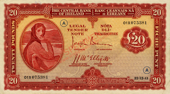 Central Bank of Ireland Twenty Pounds war code A. 1943