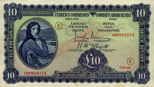 Currency Commission Ireland Ten Pounds war code F 1941