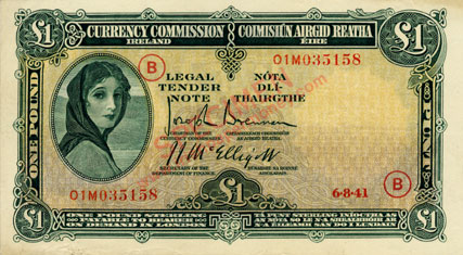 Currency Commission Ireland One Pound war code 1941 code B