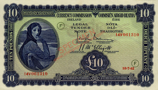 Currency Commission Ireland Ten Pounds 1942 war code F