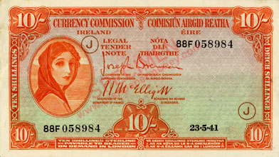 Currency Commission Ireland 10 Shillings war code 1941 code J
