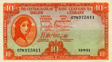 Central Bank of Ireland Ten shillings 1951. Brennan, Mc Elligott