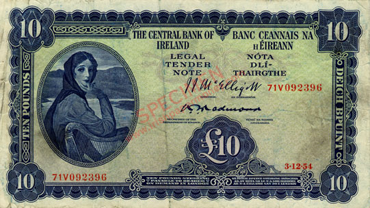 Central Bank of Ireland 10 Pounds 1954, Redmond signature