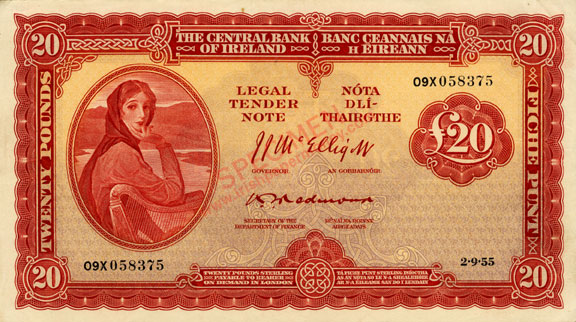 Central Bank of Ireland 20 Pounds 1955. Mc Elligott, Redmond