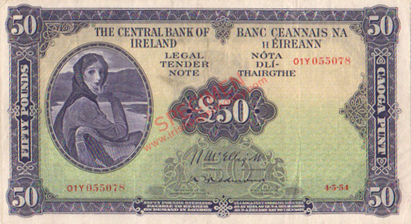 Central Bank of Ireland 50 Pounds 1954. Mc Elligott, Redmond 4.5.54