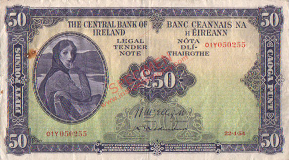 Central Bank of Ireland 50 Pounds 1954. Mc Elligott, Redmond 22.4.54